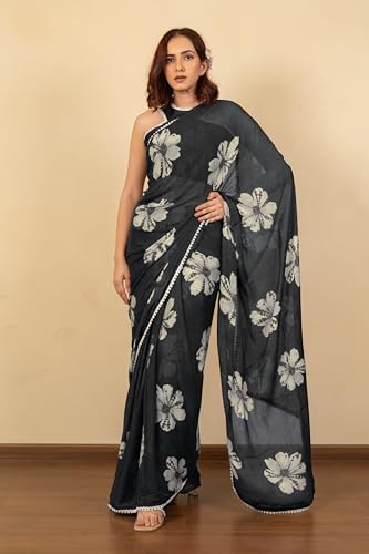 Image of MIRCHI FASHION Women Saree Floral Print Chiffon | Lightweight Festive Occasion Sari for Farewell and Functions with Unstitched Blouse Piece
