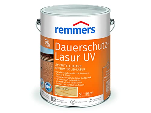 Remmers Dauerschutz-Lasur UV farblos, 5 Liter, Dekorative Medium-Solid-Lasur für Außen, auch für helle Farbtöne und farblos UV+, wetterbeständig