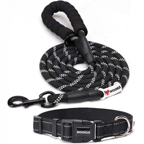 Image of WOOFLIX Reflective Dog Leash And Collar Combo Set | Dog Collar & Anti Slip Padded Handle Leash For Dogs | Dog Rope For Medium & Large Dogs | (Leash 5 Feet + Collar Xl, Black)