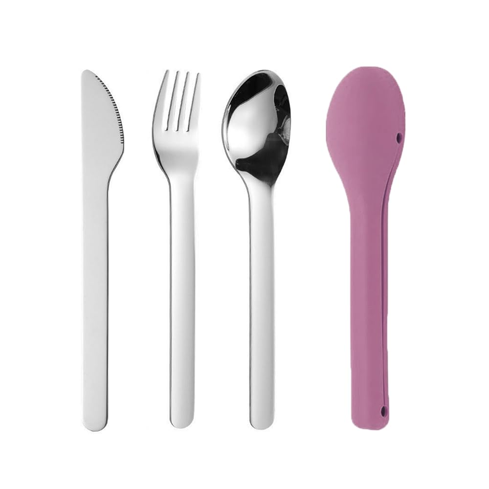 Portable Travel Utensils with Silent Silicone Case, Stainless Steel Spoon, Fork, Knife, BPA Free Cutlery for Kids, Adults, Picnic, Camping, Noise-Free Storage (Pink)