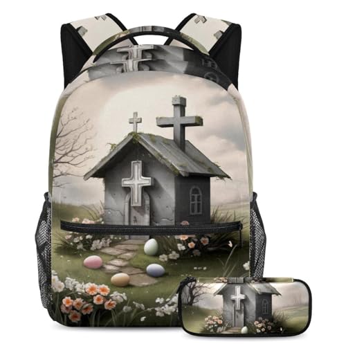 Ensemble cartable sac à dos et trousse pour ados maison de Pâques gris