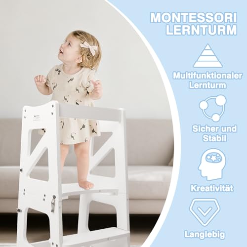 YOLEO 3 in1 Lernturm Kinder, Klappbar Montessori Lernturm ab 1,5 Jahr, Learning Tower für Kinder mit Rausfallschutz, mit doppelseitiger magnetischer Tafel, Küchen-/Badezimmerhelfer (Weiß)