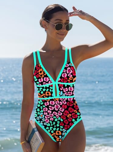 Image of popvil Women One Piece Swimsuit 2026 Tummy Control Sexy Cutout Neon Color Block Bathing Suit Slimming Adjustable Swimwear