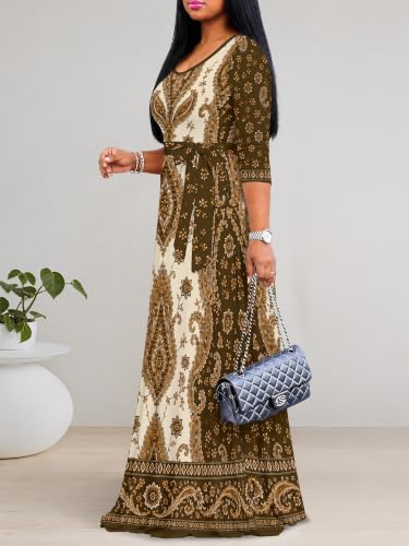 Image of Women's V Neck Floral Maxi Dress 3 /4 Sleeve Plus Size Boho Wrap Flowy Long Dresses with Belt
