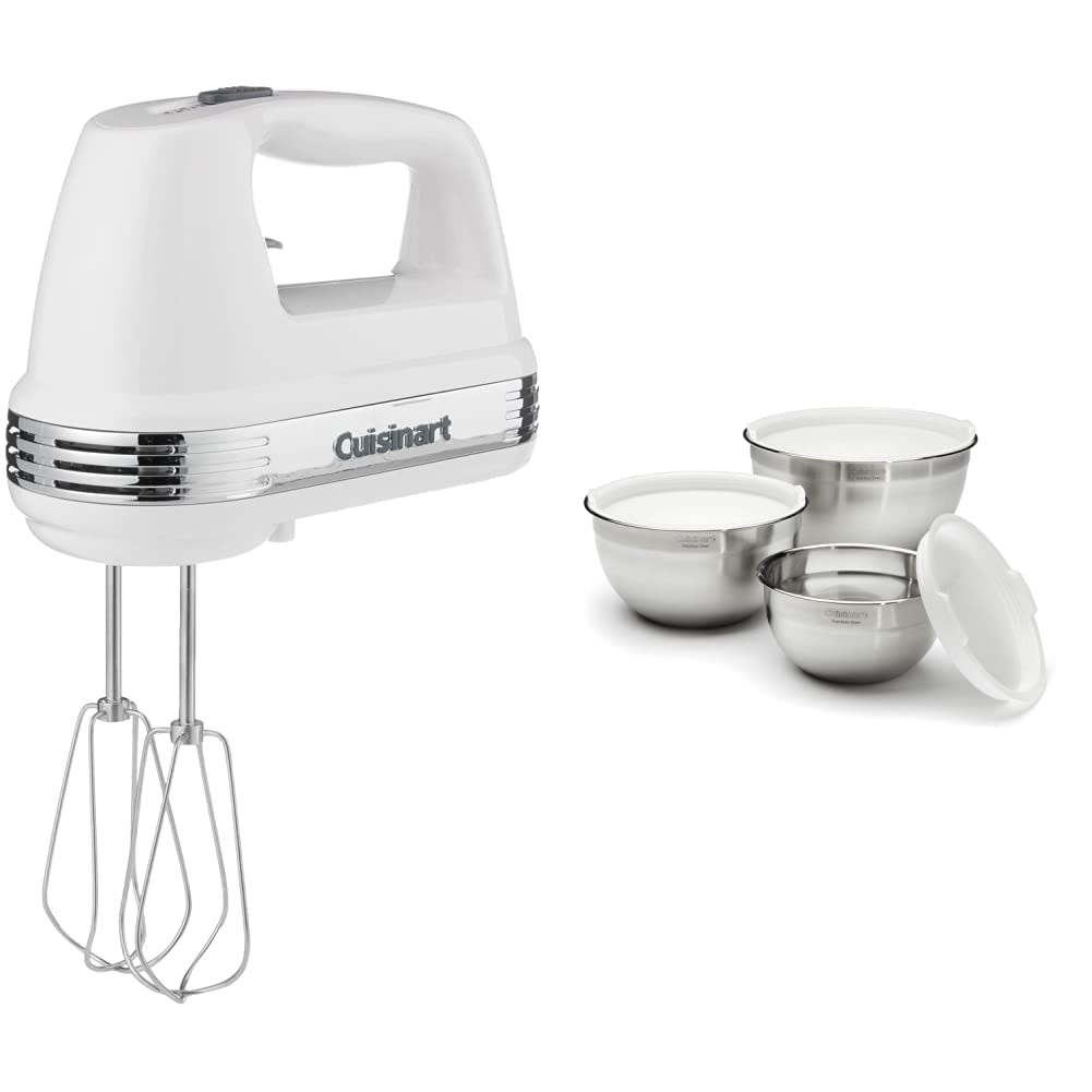 Cuisinart Power Advantage 5-Speed Hand Mixer White and Cuisinart Stainless Steel Mixing Bowls 3-Piece Set