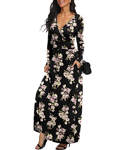 Image of LILBETTER Women Long Sleeve Deep V Neck Loose Plain Long Maxi Casual Dress