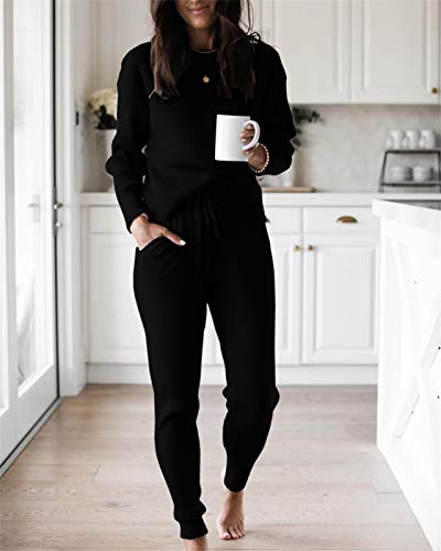 Eurivicy Women's Fall Rib Knit 2 Piece Outfit sets Long Sleeve Pullover Sweater Top and Drawstring Long Pants with Pockets Black