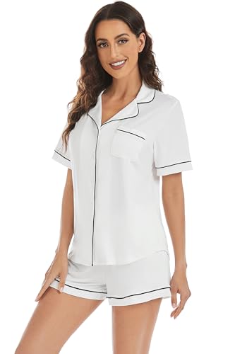 Image of LUBOT Women's Pajamas Set 95% Cotton PJs Set for Women Button-Down Two-piece 2PC Set Summer Night Suit Sleepwear Loungewear (White, 2XL)