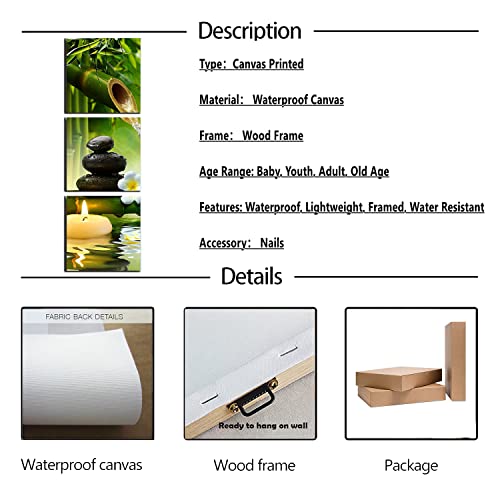 Bamboo Wall Art For Bathroom Zen Stone Canvas Painting Contemporary Poster Print Yoga Wall Decor Spa Natural Green Plant Artwork For Bedroom Wall Décoration Botanical Framed 12X12Inch #TOP2