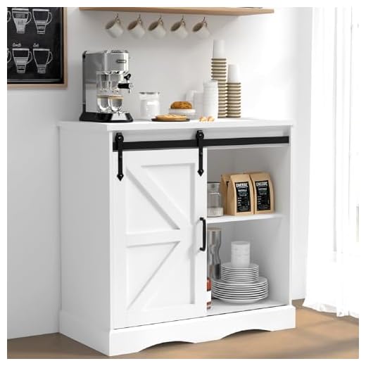 HOMFAMILIA 28" H Farmhouse Coffee Bar Cabinet w/Storage, White Kitchen Sideboard Buffet Cabinet with Sliding Barn Door, Rustic Accent Console with Adjustable Shelves, for Kitchen, Living Room