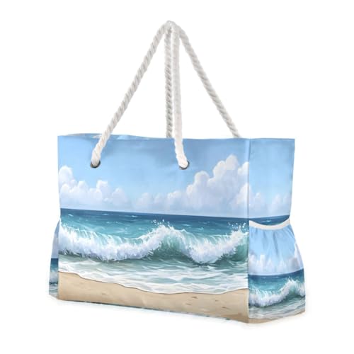 Beach Waves Scene Bag for Women Large Beach Tote Bag with Zipper for Travel Vacation2