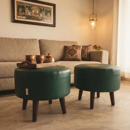 Image of Stool Ottoman Pouffes for Living Room, Kitchen, Home, Office Furniture with Soft Cotton Canva Cushion Mudda Footrest Stool for Chair Sofa Bed Dressing, Green Leather (14 Inch Pack of 2)