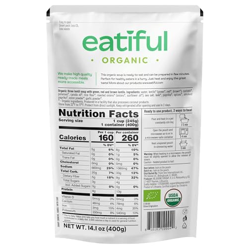 Image of EATIFUL Lentil Soup, Made With Organic Vegetables, Lentil Soup With Green, Red And Brown Lentils, No Added Preservatives And Sugar, Gluten Free, NON GMO, 14.1 Ounce (Pack of 2)