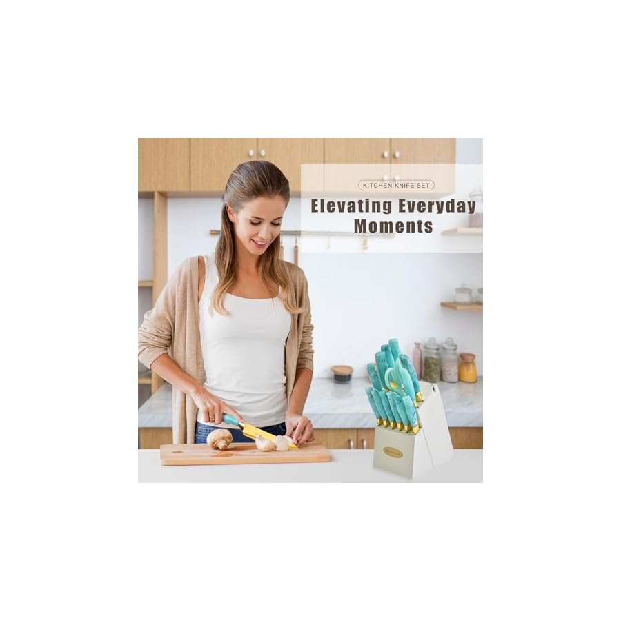 Knife-Set-Non-Stick-Thick-and-Sharp-Stainless-Steel-Kitchen-Knives-Set-with-Wood-Block-14-Pcs-Cutlery-Knives-Block-Set-with-Steak-Knife-Bread-Knife-Scissors-Chef-Quality-Green-Handle-Gold-Blade Knife Set, Non Stick Thick and Sharp Stainless Steel Kitchen Knives Set with Wood Block, 14 Pcs Cutlery Knives Block Set with Steak Knife, Bread Knife, Scissors, Chef Quality, Green Handle Gold Blade