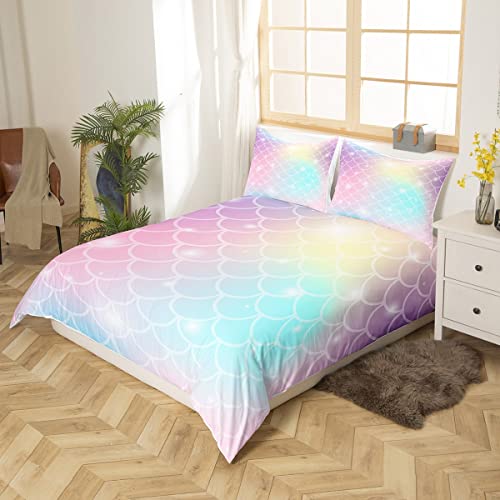 Feelyou Fish Scales Bedding Set Queen For Girls Decorative Duvet Cover Set Mermaid Fish Scales Comforter Cover Set Gifts Microfiber Quilt Cover Bedspread Cover Lovely #TOP1