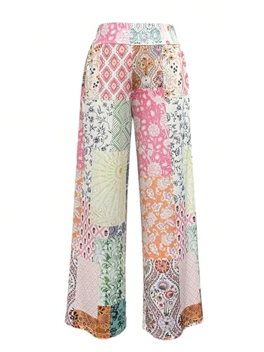 QJQ Women's Patchwork Boho Pants High Waisted Wide Leg Pants Graphic Colorblock Pant2