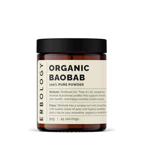 Erbology Baobab orgánico en polvo 90 g, 45 porciones, salud de la piel y apoyo inmunológico, rico en vitamina C, vitaminas B y polifenoles, de origen sostenible directamente de la granja, vegano, sin