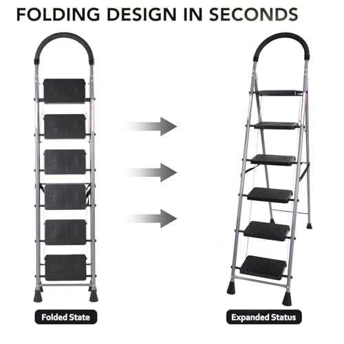 FLIPZON Halo Foldable 6 Step Ladder for Home and Office Use | Alloy Steel | Wide Steps | Wobble-Free | Skid-Free Steps | Durable Safety Ladder | Rust Free | Anti-Skid (Grey & Black) - Image 4