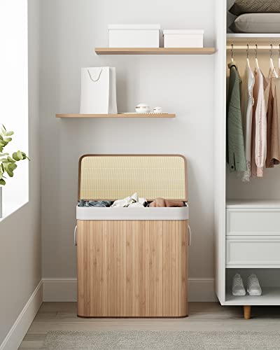 SONGMICS LCB091N01 Laundry Basket, 150 L Laundry Basket, 3 Compartments Sorting Compartments, Bamboo Lid, Handles, Foldable, Removable Machine Washable Bag, for Laundry Room, Bedroom, Wood Colour