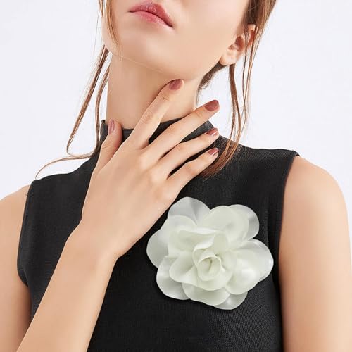 Image of Dainty Satin Fabric Flower Brooches for Women Large Rose Floral Brooch for Party Dance Wedding Banquet Elegant Camellia Fashion Brooch Pin for Women Girl 5.5inch