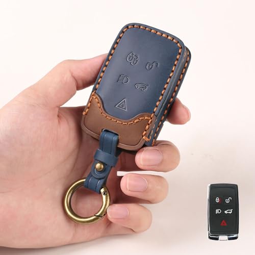 Image of Keyzone Dual Leather Key Cover for Range Rover: Sport, Evoque, Velar, Discovery, Defender (2018, 2019, 2020, 2021) 5 Button Smart Key (Blue-Brown)