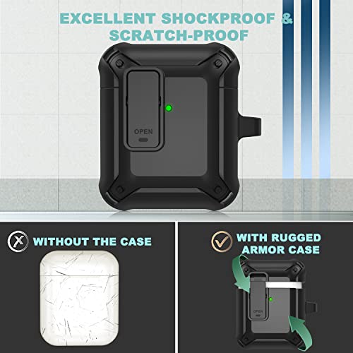 Winproo Armor Airpods 2Nd & 1St Generation Case Cover With Lock Clip, Military Hard Shell Full-Body Shockproof Protective Case Skin With Keychain For Airpods 2Nd & 1St Gen (Black) #TOP3