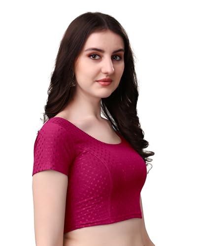 Image of Mogsa Women's Stretchable Dobby Cotton Lycra Saree Blouse | Readymade Stitched Blouse | Round Neck | Short Sleeve | Soft & Comfortable Ethnic Blouse for Saree Wear