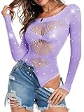 ChiaoLezhee Body Suit Suits Bodysuit For Women Rave Outfits Outfit Concert Festival Club Party Rhinestone Sparkly Glitter Sheer Fishnet One Piece Long Sleeve Wear Dancer Dancewear Lavender One Size