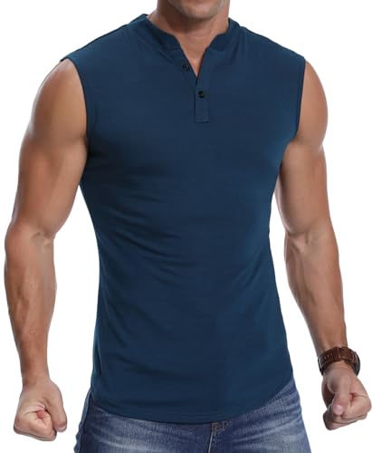 PCEAIIH Men's Sleeveless Henley Vest Athletic Tank Fitness Slim Running Sports Top Fashion Muscle T-Shirt Grey Blue