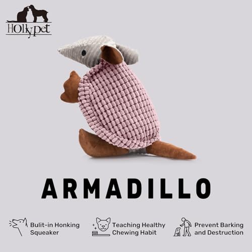 Image of Hollypet Plush Dog Squeaky Toy Stuffed Armadillo Animal Pet Puppy Chew Toys with Clean Teeth for Small Medium Large All Breed Sizes Dogs, Pink, 14 in