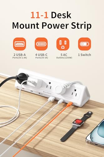 Image of 6.5 FT Desk Clamp Power Strip with 5 AC Outlets & 6 USB Ports PD 40W USB-C Fast Charging, Extension Cord with Multiple Outlets, Fits 2.1 in top Edge White