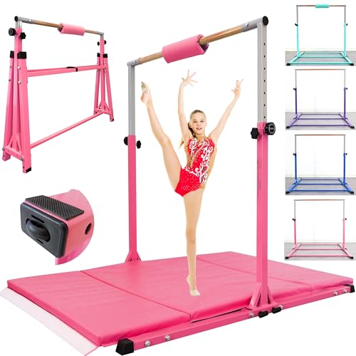 Seliyoo Foldable Gymnastic kip bar for Kids Ages 3-15 - Gymnastics bar,Base Length 5FT/6FT, Adjustable Height,Gymnastic mat,Gymnastics Equipment for Home,Weight Capacity 350 LBS