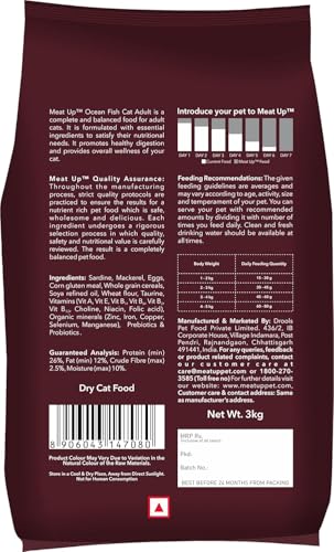 Image of Meat Up Adult Dry Cat Food 3Kg + 3kg (Free) 6Kg | Ocean Fish Flavour | Buy 1 Get 1 | Controls urinary pH | Taurine for Healthy Heart | Healthy Skin & Coat | Hair Ball Protection