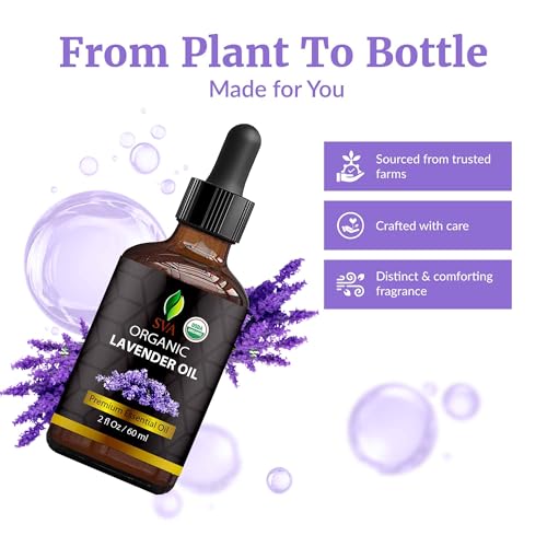 Image of SVA Lavender Essential Oil Organic - 2 Fl Oz - 100% Natural Organic Lavender Oil - for Diffuser, Hair, Face, Skin Care, Aromatherapy, Scalp and Body Massage, Soap and Candle Making - with Dropper