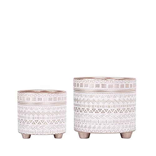 Set of 2 Planter Pots, 4 Inch & 6 Inch, Geometric Design Ceramic Plants Pot with Drainage Hole, Gold/White