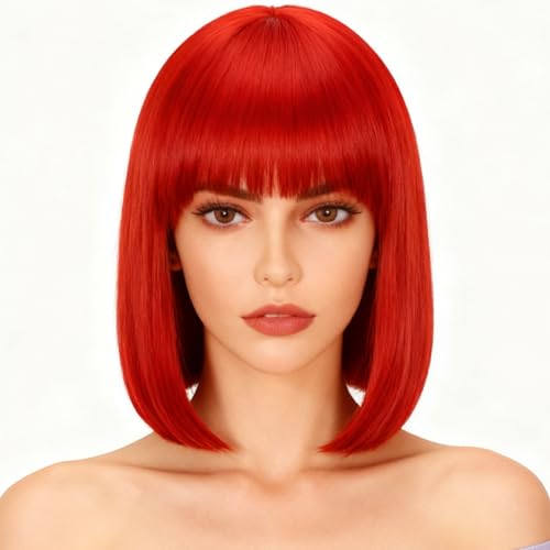 Svolna Red Short Bob Wig with Bangs, Synthetic Straight Hair Wigs...