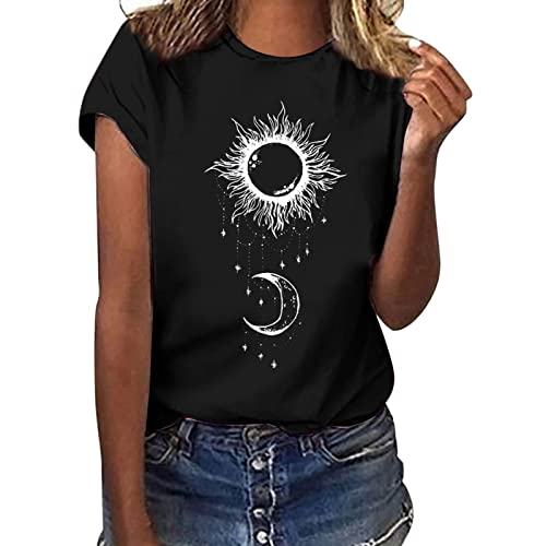 Image of Capped Sleeve T Shirt Women,Women Casual Top Shirt Sun Moon Star Printed T Shirt Blouses O Neck Short Sleeve Elegant Top T Shirt