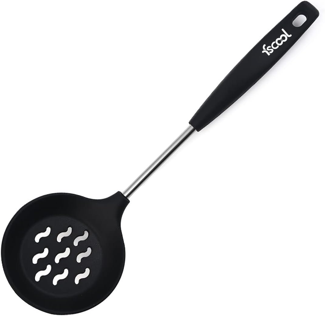 FS COOL Premium Silicone Slotted Skimmer Strainer Spoon with Stainless Steel Handle Scoop Strainer Colander 38 CM(Black, Set of 1)
