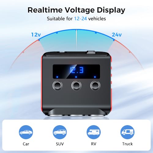 Image of 7 in 1 Cigarette Lighter Splitter, SONRU 3 Sockets Cigarette Lighter Splitter with PD Ports 3 Fast Charging USB Ports, 120W 12V /24V DC Independent Power Switches & LED Voltage Display