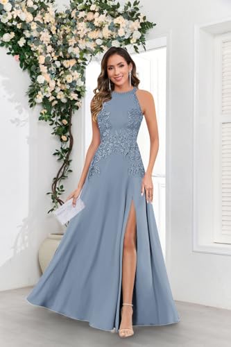 GUKARLEED Women’s Lace Appliques A-line Mother of Bride Dresses Halter Long Slit Sleeveless Formal Dress for Wedding Guest2