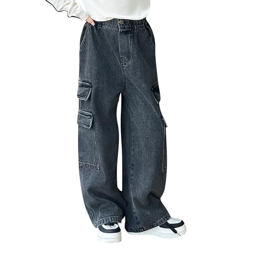 Girls Denim Cargo Pants Streetwear Wide Leg Jeans Y2K Elastic Waist Baggy Jeans Floor Length Cargo Pants Loose Trousers