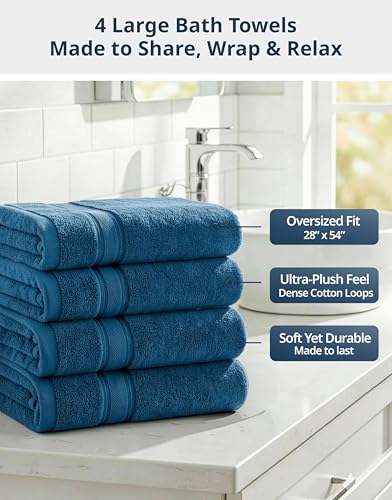 Image of LANE LINEN 100% Cotton 4 Pack Bath Towels Set (28 inchx54 inch) - Zero Twist, Large Cotton Towels for Bathroom - Quick Dry, Soft & Absorbent Bath Towel Set - Pre Shrunk, Wide Variety of Colors - Sea Port