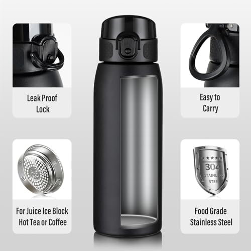 Image of Insulated Water Bottle 18 oz with Dustproof Lid, Carry Handle & Tea Infuser, BPA-Free & Leakproof, Stainless Steel Water Bottles Ideal for Fitness, Hiking, Office & Outdoor Use (Black )