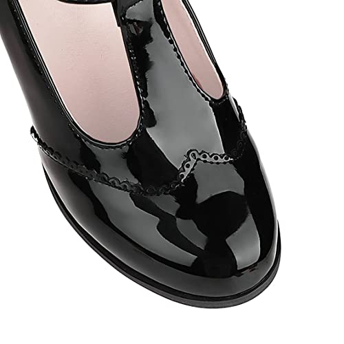 UniqueStride Womens Classic T-Strap Chunky Heel Wingtip Mary Janes Buckle Closed Toe Patent Leather Pumps4