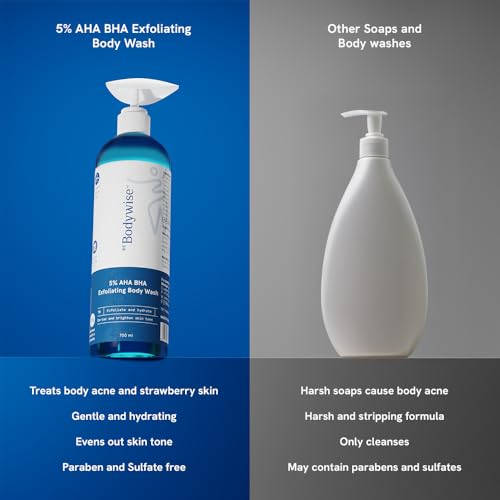 Image of Be Bodywise 5% AHA BHA Exfoliating Detan Body Wash 700ml | For Body Acne, Strawberry Skin, De-Tan | Infused with 3% Lactic Acid, 1% Salicylic Acid, 1% Glycolic Acid | Non-Drying, Paraben Free