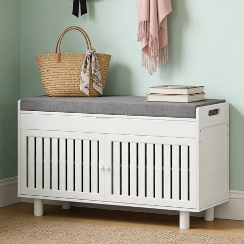 oakvivo 35.4in Shoe Bench with Storage, Bamboo Entryway Bench with Lift Top Hidden Storage & Padded Seat, 2 Doors 2-Tier Narrow Shoe Rack Cabinet Organizer for Hallway Mudroom Bedroom, White