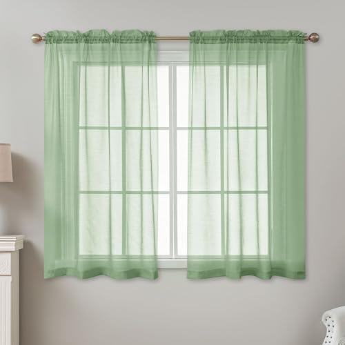 Image of Sage Green Sheer Curtains 54 Inch Length, Privacy Semi Sheer Curtains for Dining Room Kitchen, Light Filtering Rod Pocket Voile Window Drapes 2 Panels Set, Each 42 inch W x 54 inch L