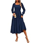 CFLONGE Women's Fall Dresses 2024 Puff Long Sleeve Square Neck Dress High Waist Smocked A-Line Fl...