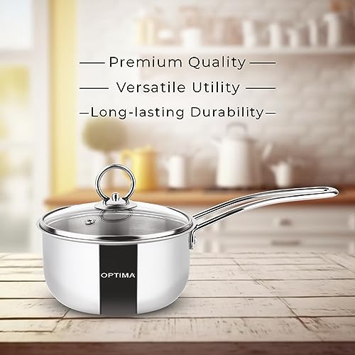 Image of Optima Triply Stainless Steel Sauce Pan with Glass Lid for Healthy Cooking 16cm