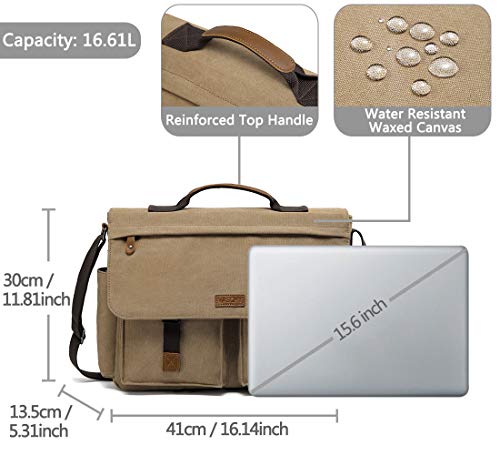 VASCHY Messenger Bag for Men, Vintage Water Resistant Waxed Canvas Satchel 15.6 inch Laptop Briefcase Shoulder Bag with Padded Shoulder Strap Camel